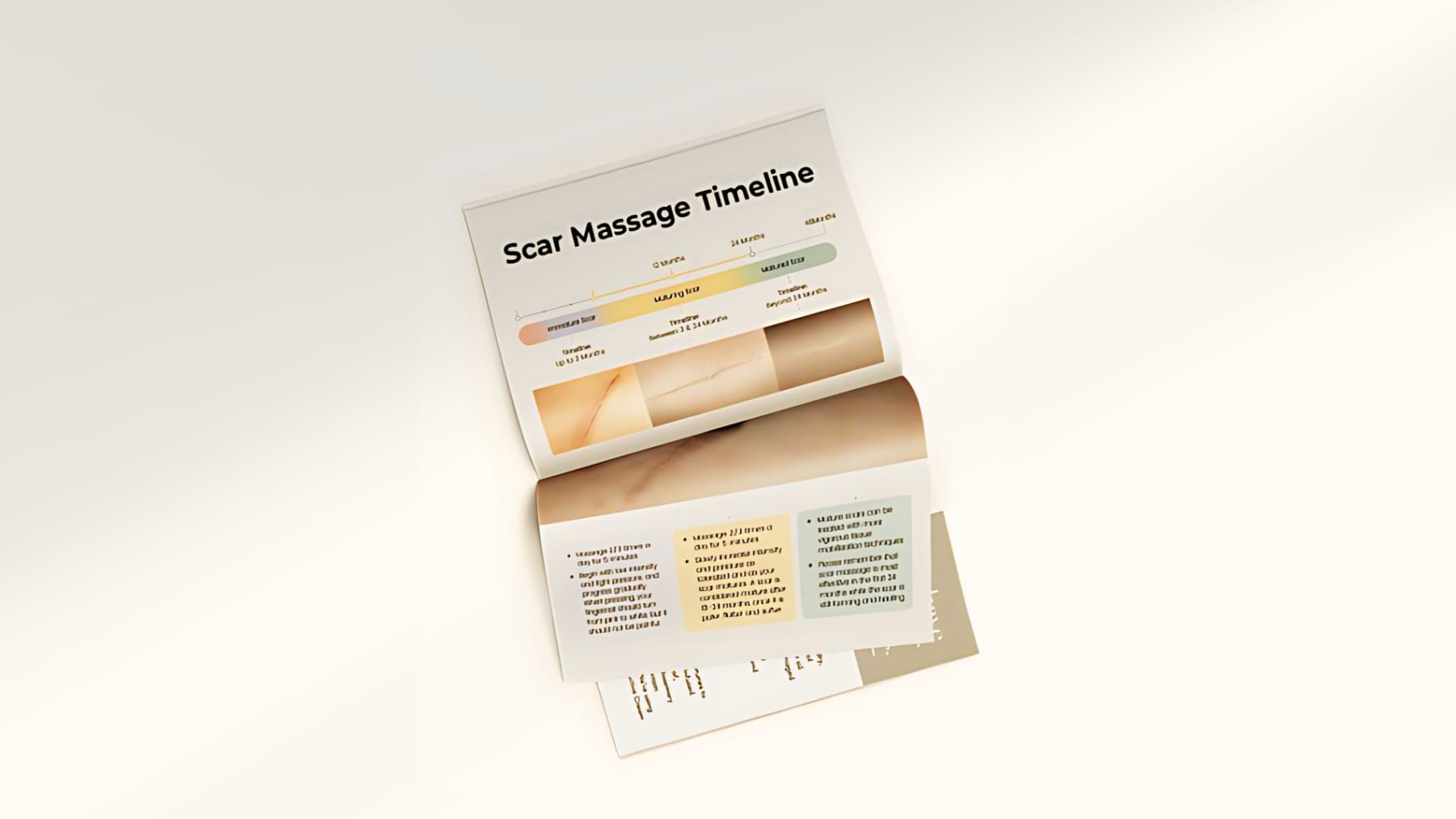 An open booklet showing a scar massage timeline with healing phases, visual illustrations of scars, and a block of text describing care instructions.