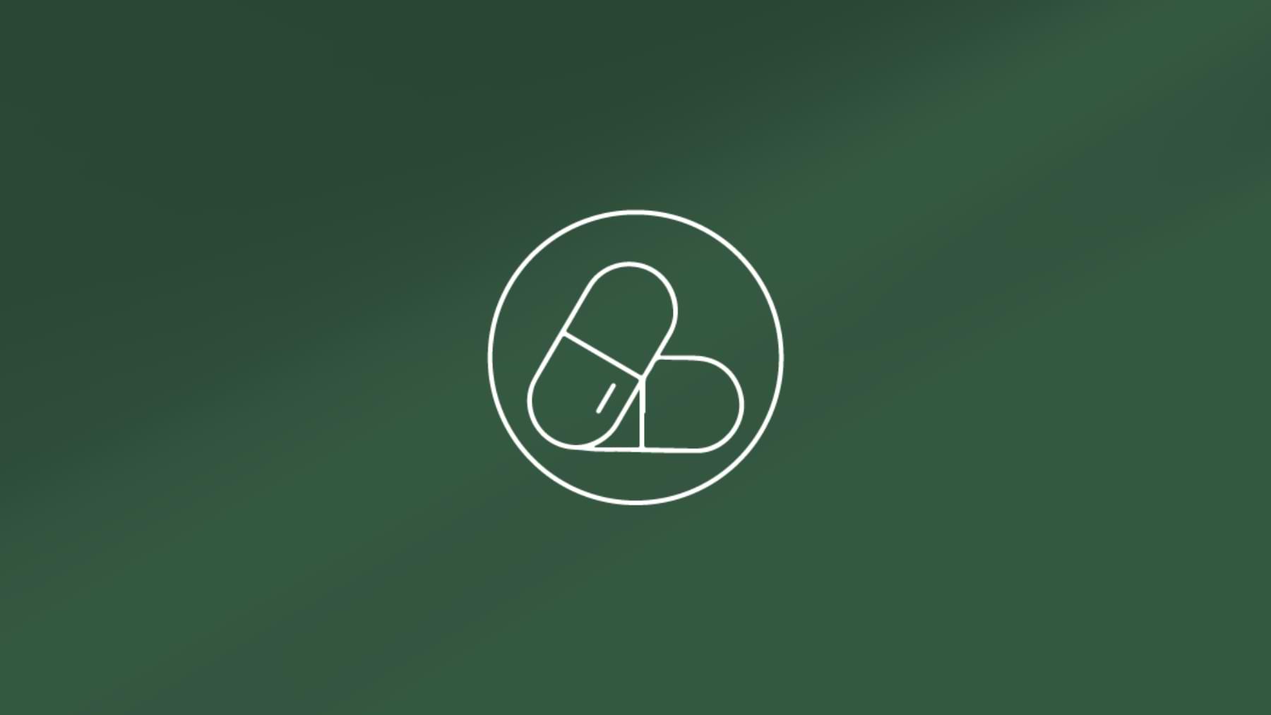 A minimalist white icon of two overlapping capsules of Lactobacillus Ferment inside a circle, set against a deep green background.