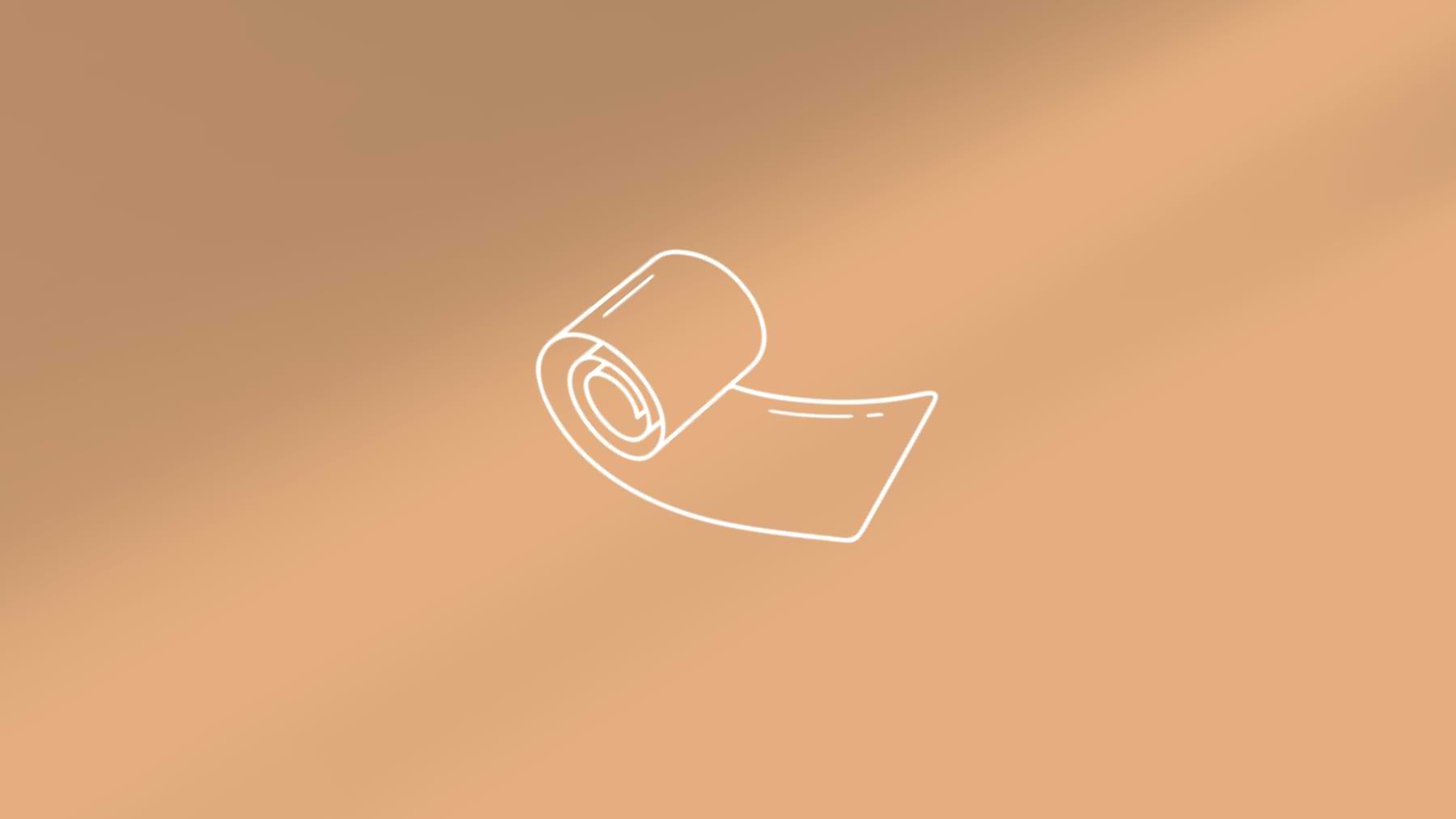 A white line illustration of a roll of medical grade silicone tape, partially unrolled, on a muted brown gradient backdrop.