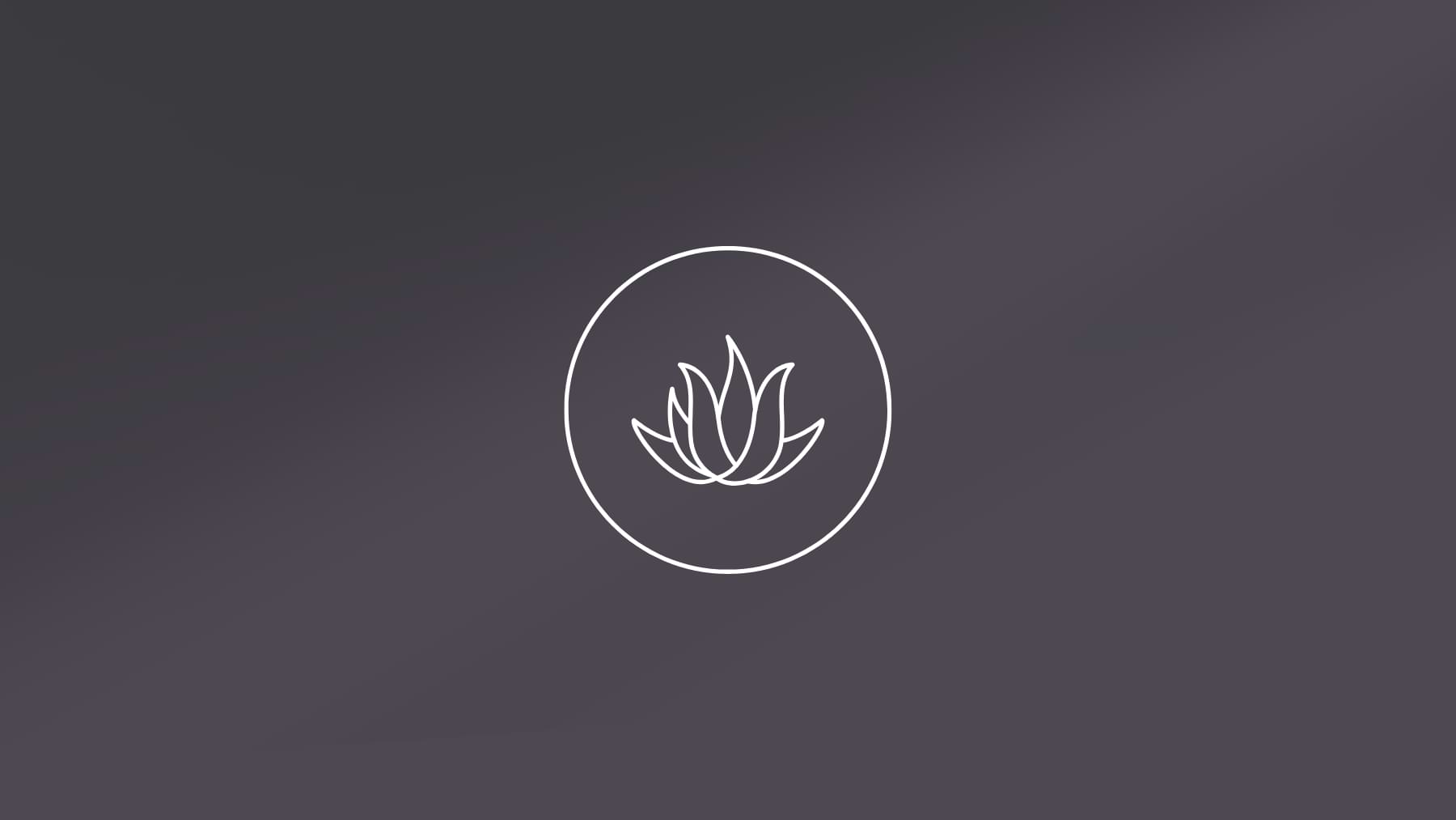 A stylised white aloe vera illustration enclosed in a circle, displayed against a soft charcoal grey background