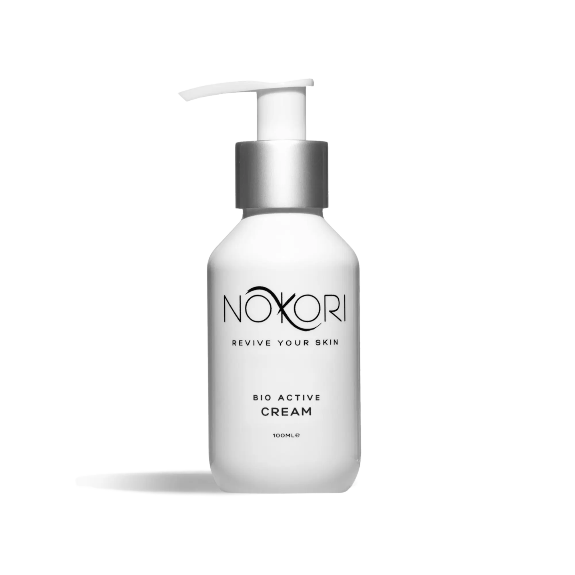 Nokori Bio Active Cream in a white bottle with pump dispenser and minimalist black branding, isolated on a white background.