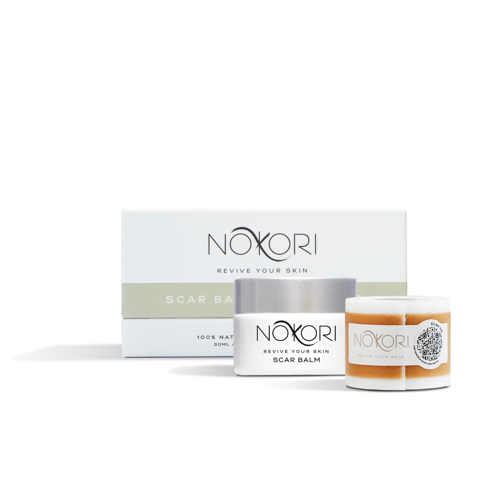 Nokori Duo Kit containing Scar Balm and Scar Tape with product boxes stacked, showing the full kit presentation.