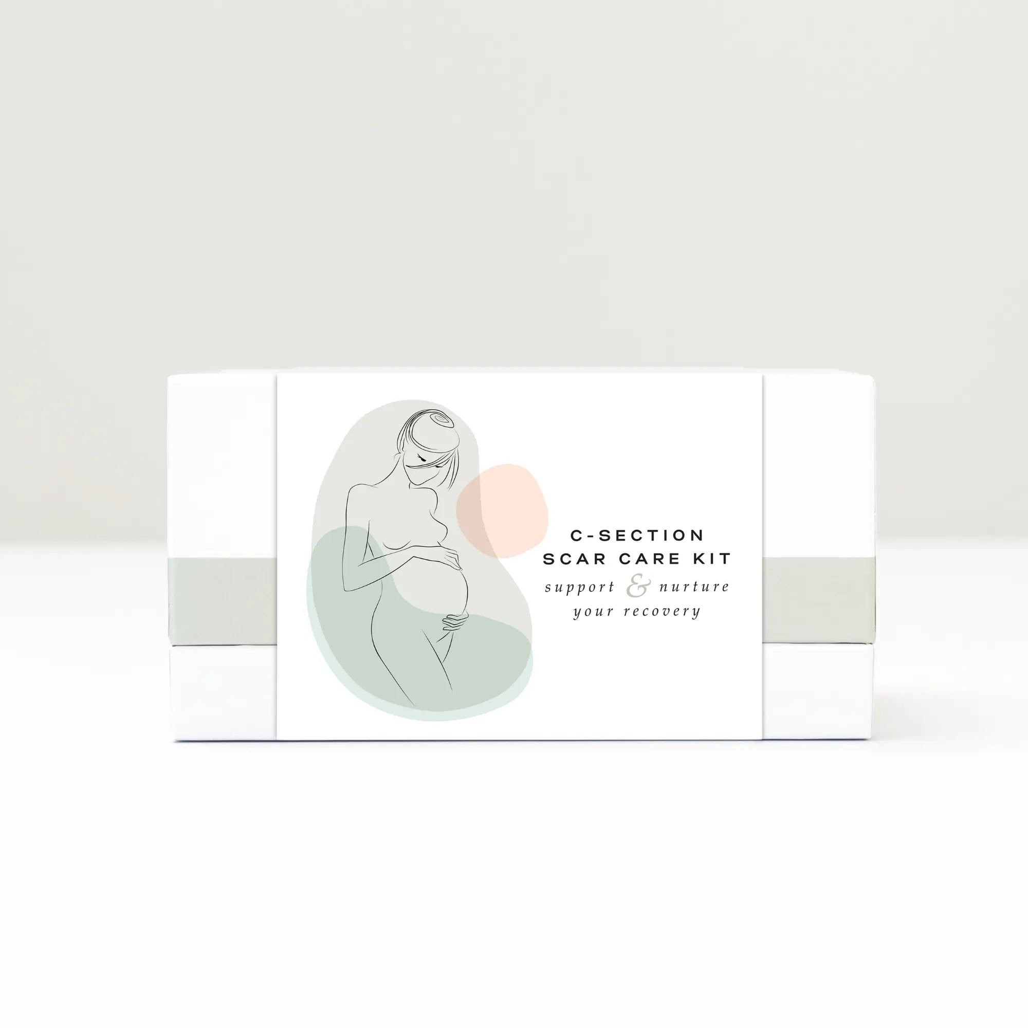 Nokori C-Section Scar Care Kit packaging featuring an illustrated pregnant woman and the text “Support & nurture your recovery