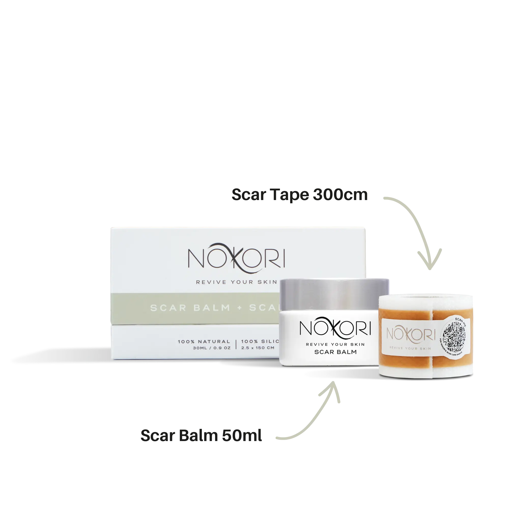 Nokori Duo Kit with Scar Balm and large-size Scar Tape, product packaging includes clear labelling of contents and measurements.