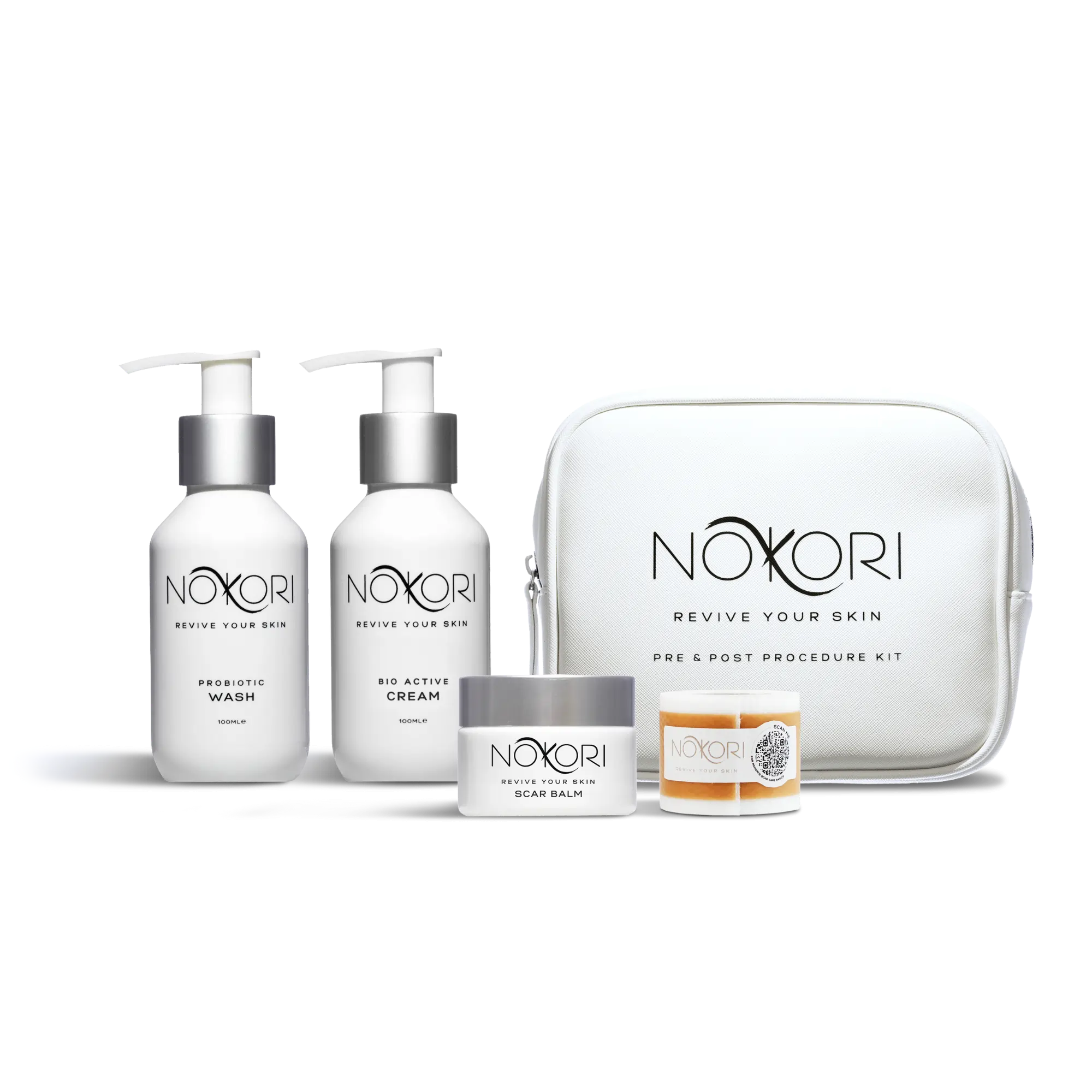 Nokori Pre & Post Procedure Kit containing four essential products — Probiotic Wash, Bio Active Cream, Scar Balm, and Scar Tape — housed in a premium white cosmetic bag.