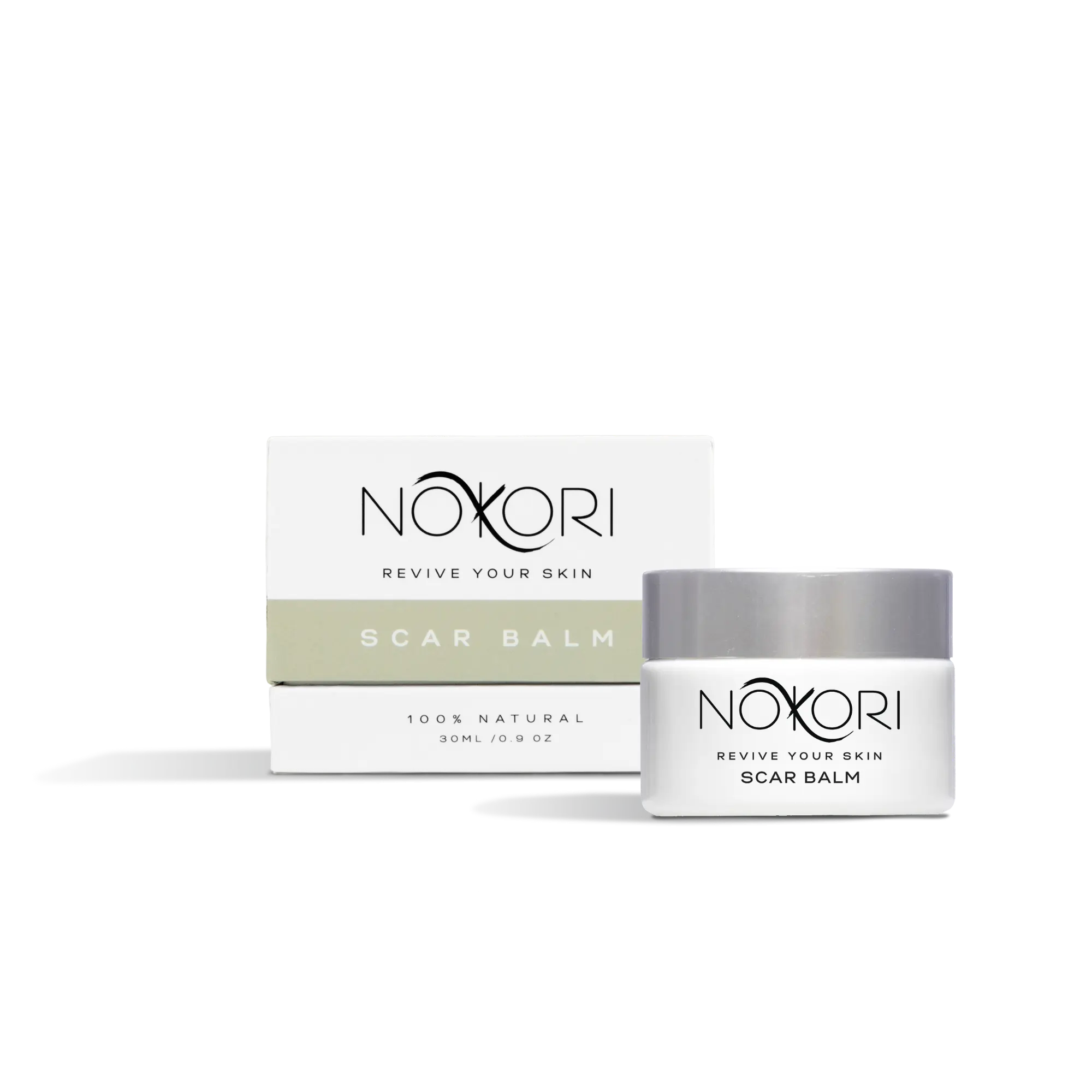 Nokori Scar Balm 30ml jar with packaging, text highlighting its 100% natural formulation.