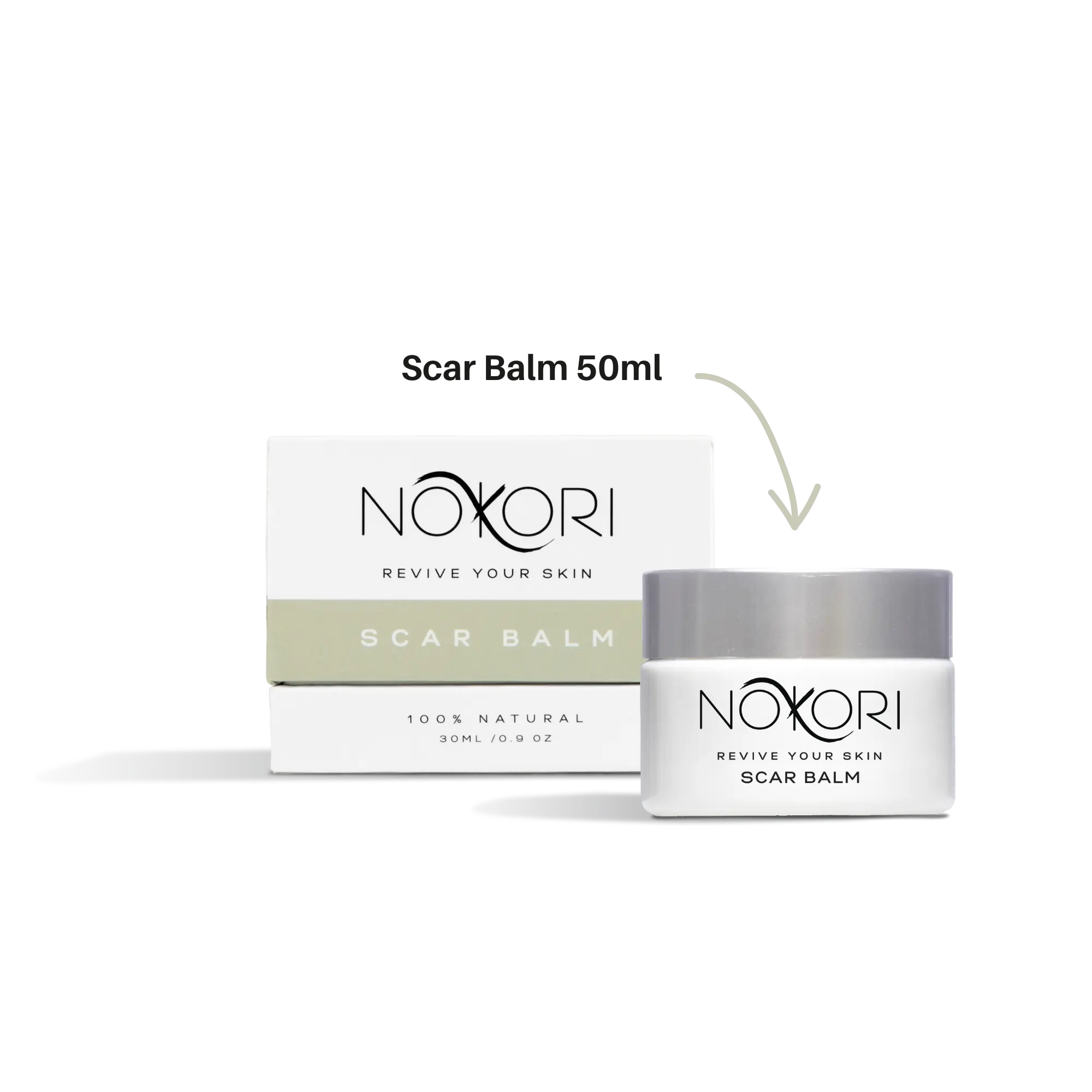 Annotated image showing Nokori Scar Balm 50ml jar with packaging and label.