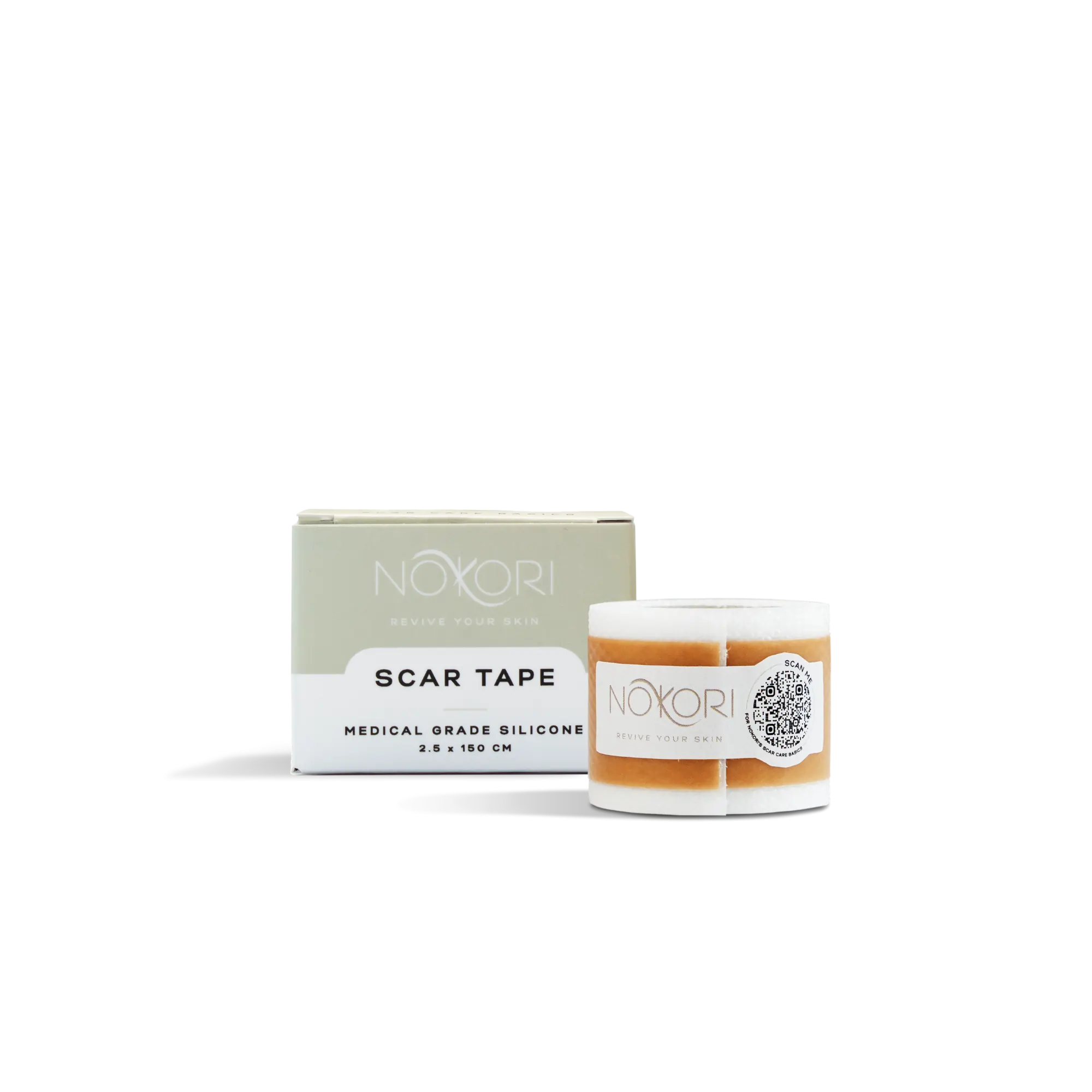 Nokori Scar Tape displayed with its packaging box, labelled as medical grade silicone tape, 2.5 x 150 cm.