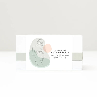 Nokori C-Section Scar Care Kit packaging featuring an illustrated pregnant woman and the text “Support & nurture your recovery