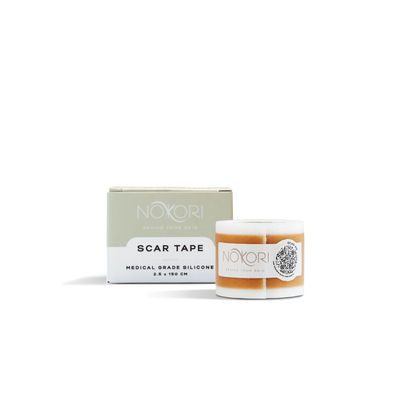 Nokori Scar Tape displayed with its packaging box, labelled as medical grade silicone tape, 2.5 x 150 cm.