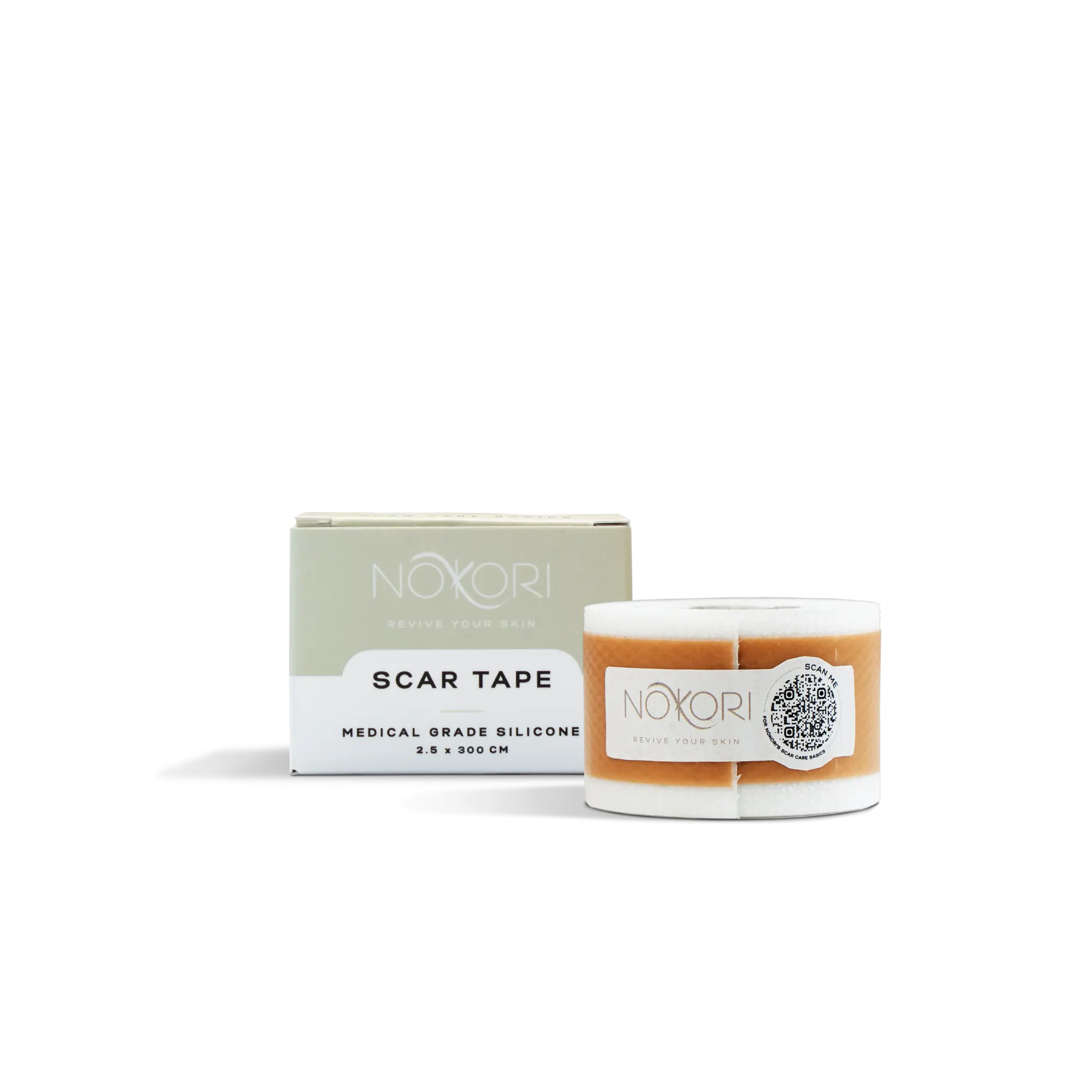 Nokori Scar Tape roll displayed next to packaging marked “2.5 x 300 cm,” indicating a larger format option.